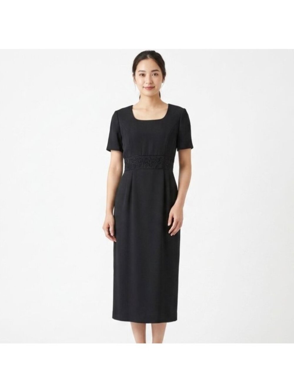 Vintage John Roberts Women Black Beaded Waist Midi Dress Size 6 Square Neck
